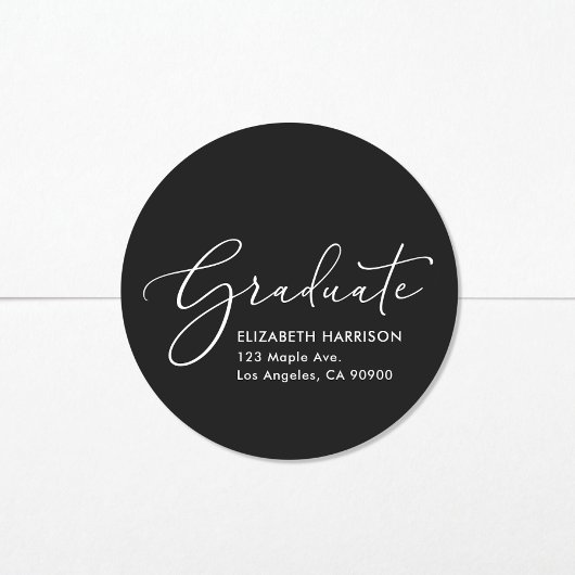 Elegant Script Zwart Afstuderen Retouradres Ronde Sticker
