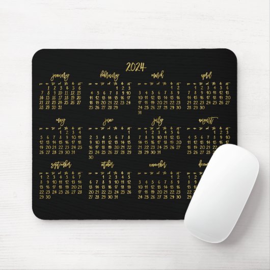 Elegant Script Zwart en Faux Gold Kalender 2024 Muismat (Met muis)