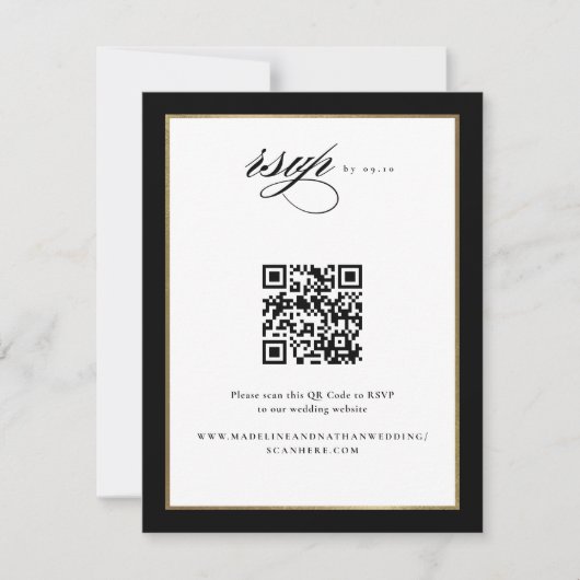 Elegant Script Zwart en Goud Bruiloft QR Code RSVP Kaartje (Voorkant)