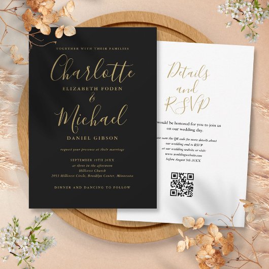 Elegant Script Zwart en Goud QR-code Trouwdag Kaart