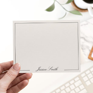 Elegant Script Zwart en IvoorMonogram Naam Rand Notitiekaartje