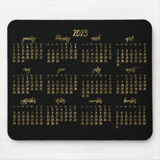 Elegant script zwart en namaak goud kalender 2023 muismat (Voorkant)