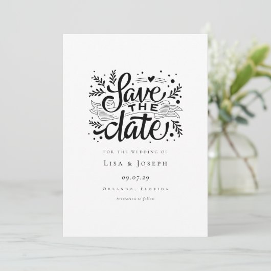 Elegant Script Zwart en Wit Save the Date (Staand voorkant)