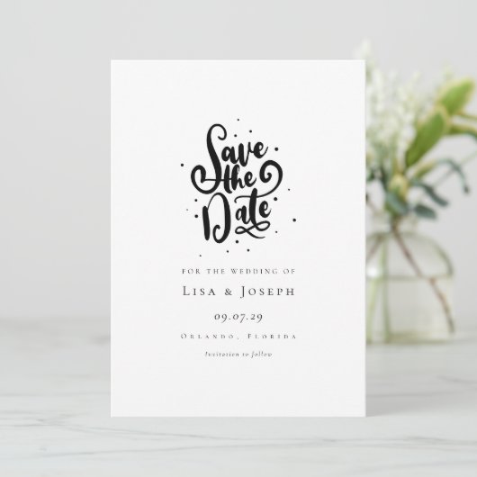 Elegant Script Zwart en Wit Save the Date (Staand voorkant)