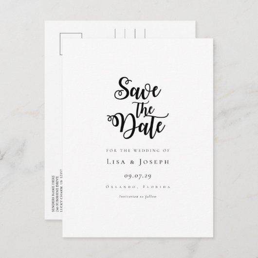 Elegant Script Zwart en Wit Save the Date Aankondigingskaart (Voorkant / Achterkant)