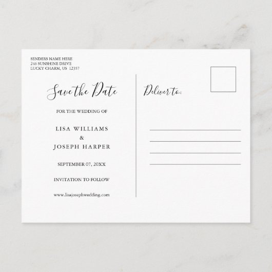 Elegant Script Zwart en Wit Save the Date Aankondigingskaart (Achterkant)