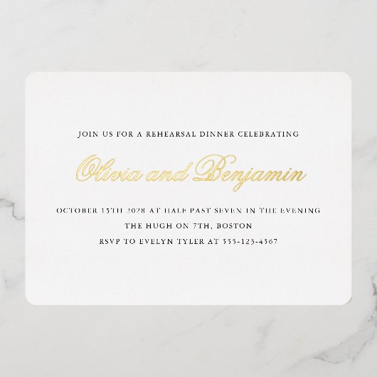 Elegant Script Zwart Formeel Oefendiner Goud Folie Uitnodiging (Voorkant)