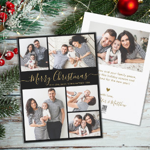 Elegant Script Zwart Goud 5 Foto Kerstmis Feestdagenkaart