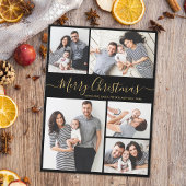 Elegant Script Zwart Goud 5 Foto Kerstmis Feestdagenkaart