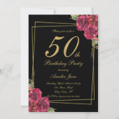 Elegant Script Zwart Goud Bloemen 50ste Verjaardag Kaart (Voorkant)