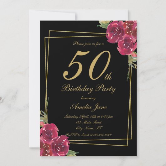 Elegant Script Zwart Goud Bloemen 50ste Verjaardag Kaart (Voorkant)
