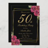 Elegant Script Zwart Goud Bloemen 50ste Verjaardag Kaart (Voorkant / Achterkant)