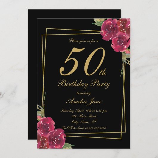 Elegant Script Zwart Goud Bloemen 50ste Verjaardag Kaart (Voorkant / Achterkant)