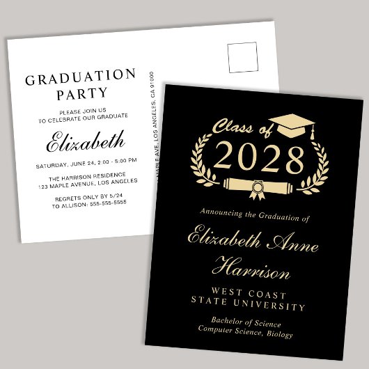 Elegant Script Zwart Goud College Afstudeerfeest Uitnodiging Briefkaart