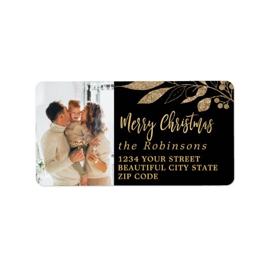 Elegant Script Zwart Goud Kerstretouradres Etiket (Voorkant)