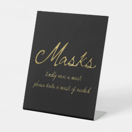 Elegant Script Zwart Goud Masker Bruiloft Reclamebord Met Voetstuk