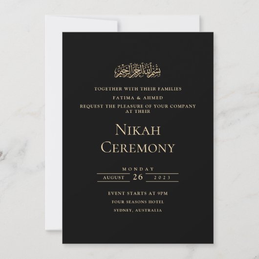 Elegant Script Zwart Goud Moslim Nikah Ceremonie Kaart (Voorkant)
