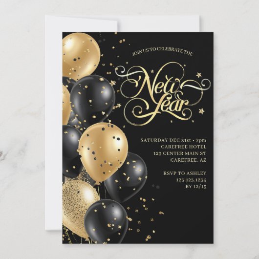 Elegant script zwart goud oudejaarsavond kaart (Voorkant)