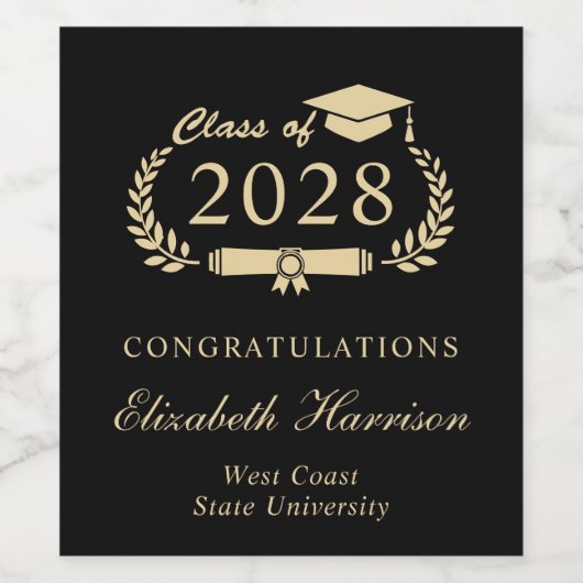 Elegant Script Zwart Goud Party Afstuderen Wijn Etiket (Enkel label)