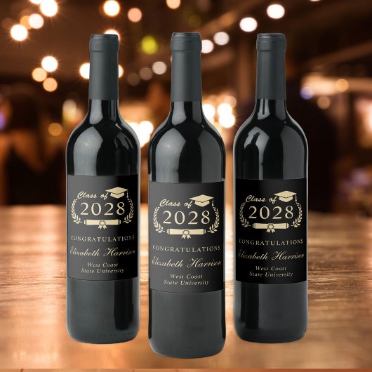 Elegant Script Zwart Goud Party Afstuderen Wijn Etiket