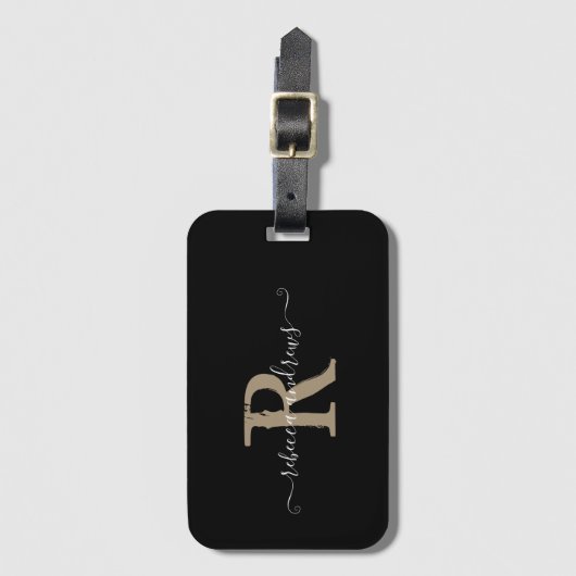 Elegant Script Zwart Monogram Naam Vakantie Reizen Bagagelabel (Voorkant (verticaal))