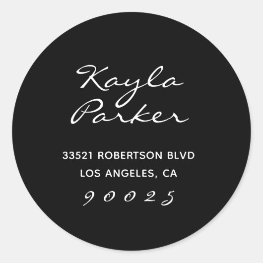 Elegant Script Zwart Rond Adres Label (Voorkant)