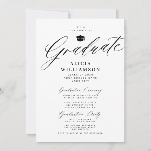 Elegant script zwart-wit afstudeerfeest kaart (Voorkant)