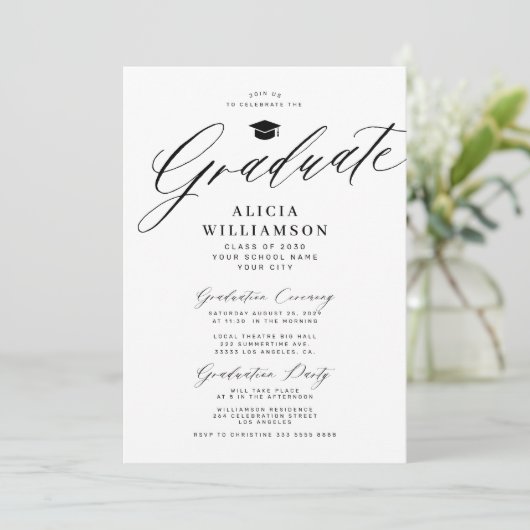 Elegant script zwart-wit afstudeerfeest kaart (Staand voorkant)