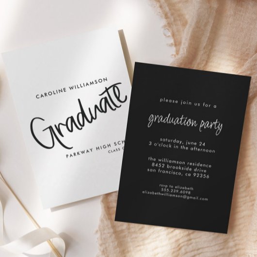 Elegant Script Zwart-wit Afstuderen Kaart