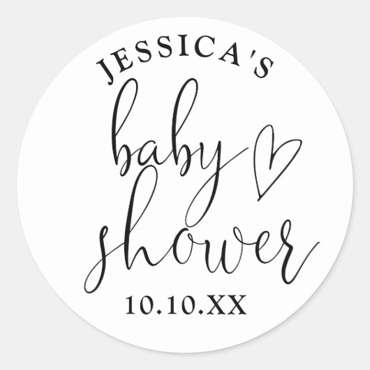 Elegant script zwart-wit Baby shower gunst Ronde Sticker (Voorkant)