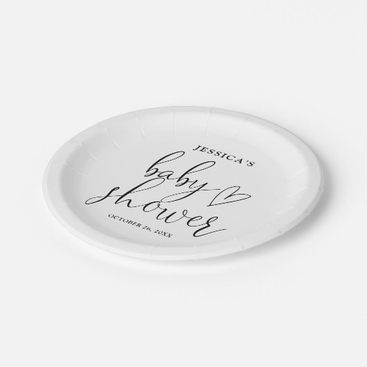Elegant script zwart-wit Baby shower Papieren Bordje (Gekanteld)