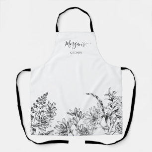 Elegant Script Zwart Wit Bloem Wijn Schort