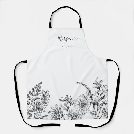 Elegant Script Zwart Wit Bloem Wijn Schort (Voorkant)