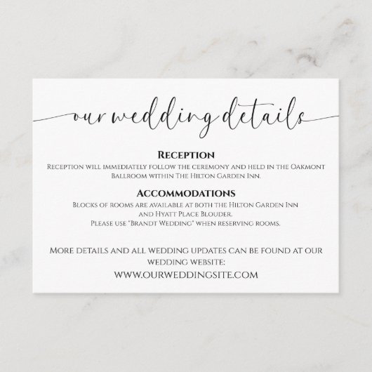 Elegant Script zwart-wit bruiloft details Informatiekaartje (Voorkant)