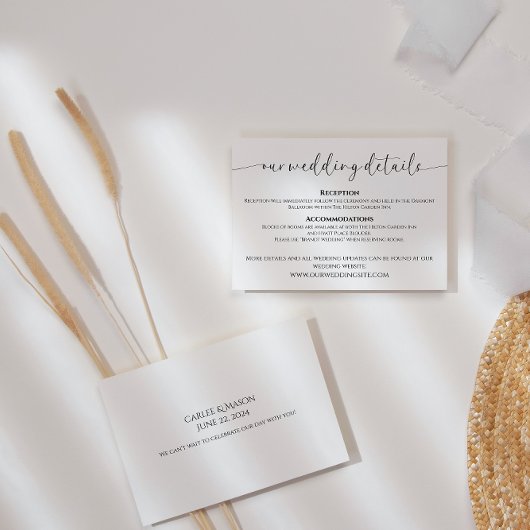 Elegant Script zwart-wit bruiloft details Informatiekaartje