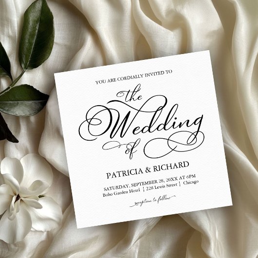 Elegant script zwart-wit bruiloft kaart