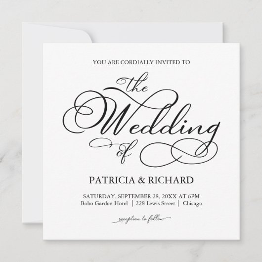 Elegant script zwart-wit bruiloft kaart (Voorkant)