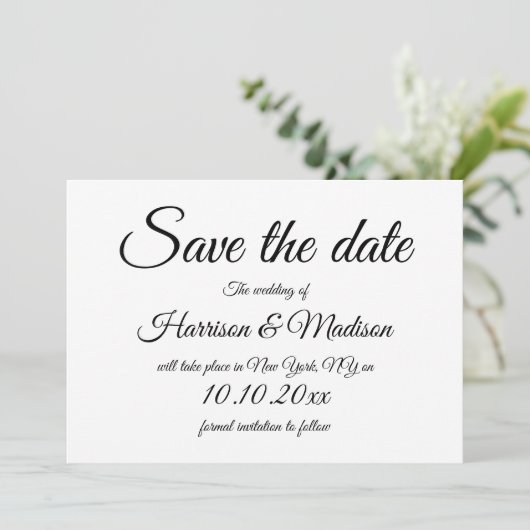 Elegant script zwart-wit Bruiloft Save The Da Date (Staand voorkant)