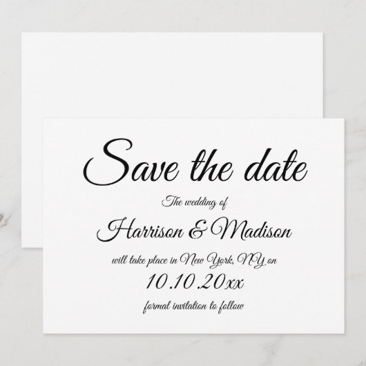 Elegant script zwart-wit Bruiloft Save The Da Date (Voorkant / Achterkant)