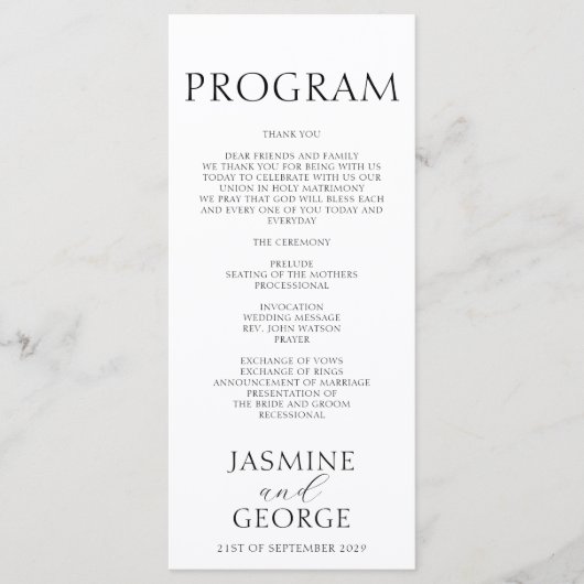 Elegant Script Zwart & Wit Chic Wedding Programmakaart (Voorkant)
