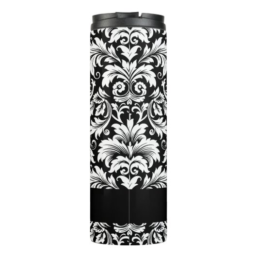 Elegant Script Zwart Wit Damaskpatroon Thermosbeker (Achterkant)