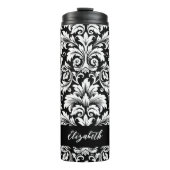 Elegant Script Zwart Wit Damast Patroon Thermosbeker (Voorkant)