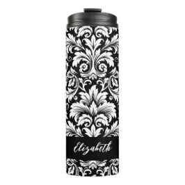 Elegant Script Zwart Wit Damast Patroon Thermosbeker