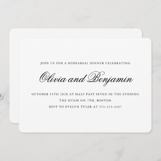 Elegant script zwart wit formeel repetitie diner kaart (Voorkant / Achterkant)