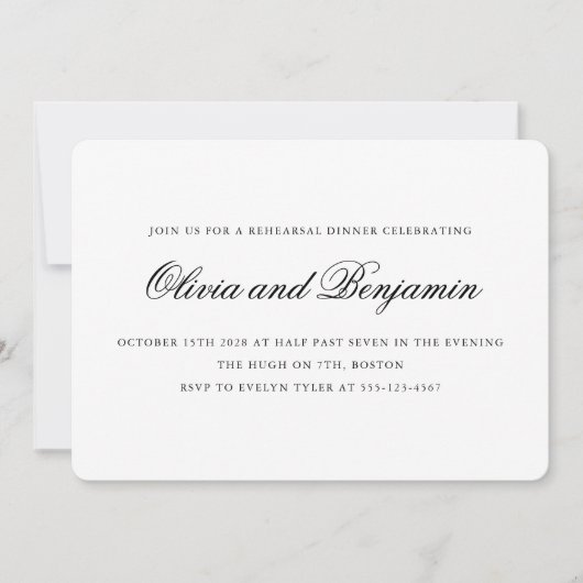 Elegant script zwart wit formeel repetitie diner kaart (Voorkant)