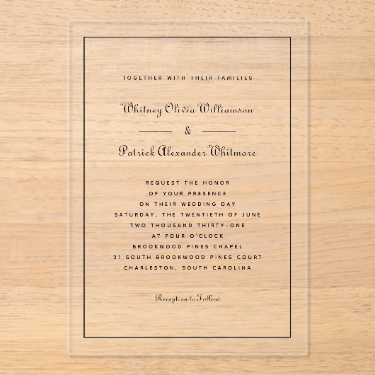 Elegant script zwart wit formele klassieke bruilof acryl uitnodigingen (Voorkant)