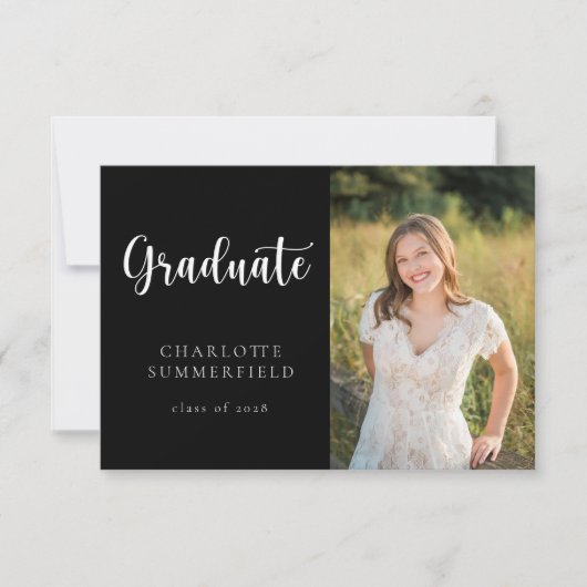 Elegant Script Zwart Wit Foto Afstuderen Kaart (Voorkant)