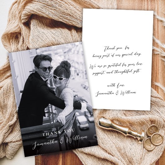 Elegant Script Zwart Wit Foto Bruiloft Bedankt