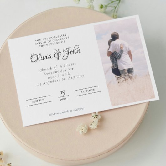 Elegant Script Zwart Wit Foto Bruiloft Kaart