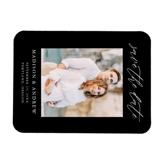Elegant Script Zwart-wit Foto Save The Date Magneet (Horizontaal)